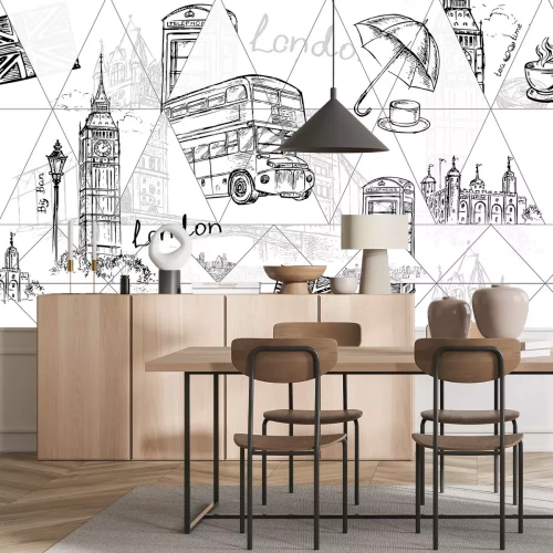 Papier peint  Londres dessiné avec Big Ben et un bus à impériale