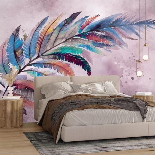 Papier peint  Plume délicate et colorée sur fond aquarelle