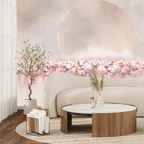 Papier peint  Paysage en aquarelle avec des flamants dans l'eau et la lune