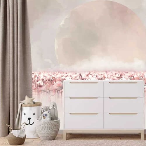 Papier peint  Paysage en aquarelle avec des flamants dans l'eau et la lune