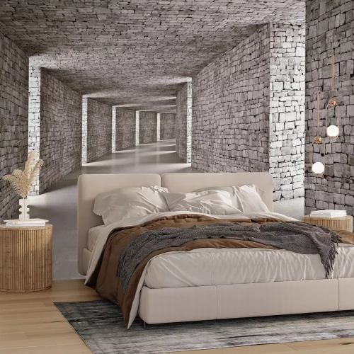 Papier peint  Tunnel en briques dans des tons de gris 3D