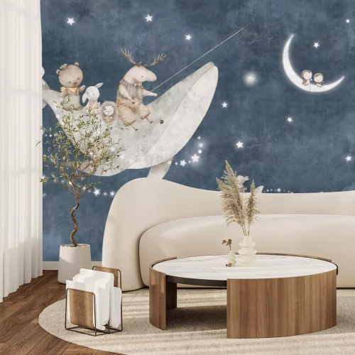 Papier peint  Animaux et baleine sur fond de ciel nocturne avec lune