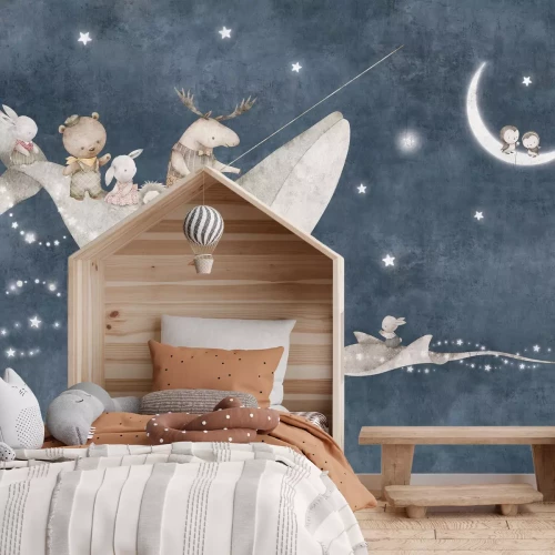 Papier peint  Animaux et baleine sur fond de ciel nocturne avec lune