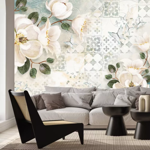 Papier peint  Motif botanique avec fleurs blanches et papillons sur fond en mosaïque