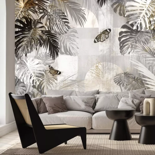 Papier peint  Motif botanique avec papillons et feuilles tropicales de monstera