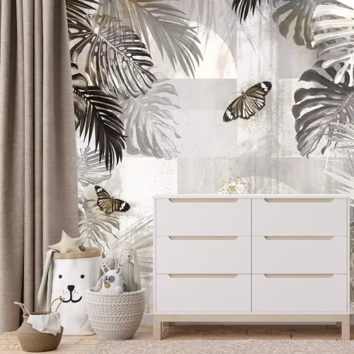 Papier peint  Motif botanique avec papillons et feuilles tropicales de monstera
