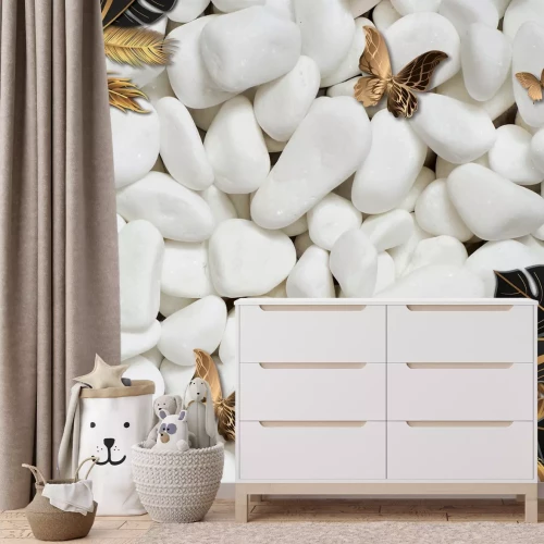Papier peint  Papillons et feuilles exotiques 3D sur fond de pierres blanches