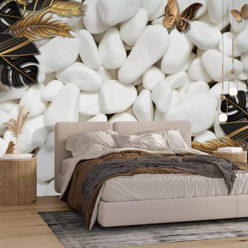 Papier peint  Papillons et feuilles exotiques 3D sur fond de pierres blanches