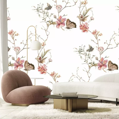 Papier peint  Fleurs et papillons sur des branches style aquarelle illustration délicate
