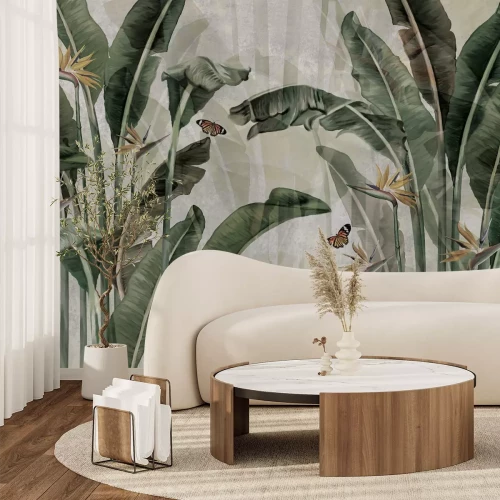 Papier peint  Feuilles de strelitzia et papillons motif botanique tropical