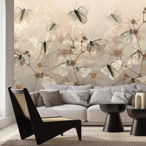 Papier peint  Abstraction moderne papillons et plantes sauvages des champs sur fond texturé