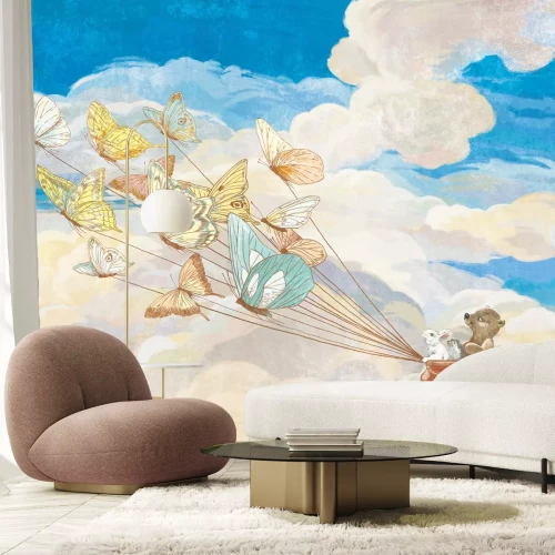 Papier peint  Motif pour enfants avec papillons et animaux volants sur fond de ciel