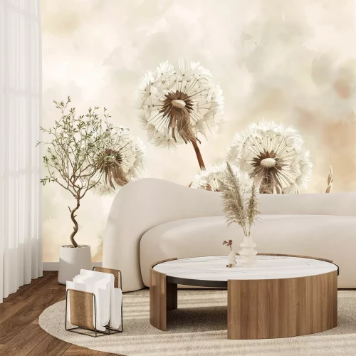 Papier peint  Motif abstrait beige de fleurs de pissenlit sur fond aquarelle