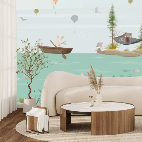 Papier peint  Thème marin pour enfants animaux dans des bateaux et poissons