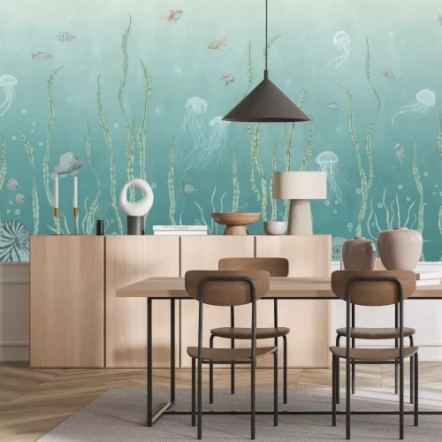 Papier peint  Poissons et méduses parmi les plantes vertes paysage marin sous-marin