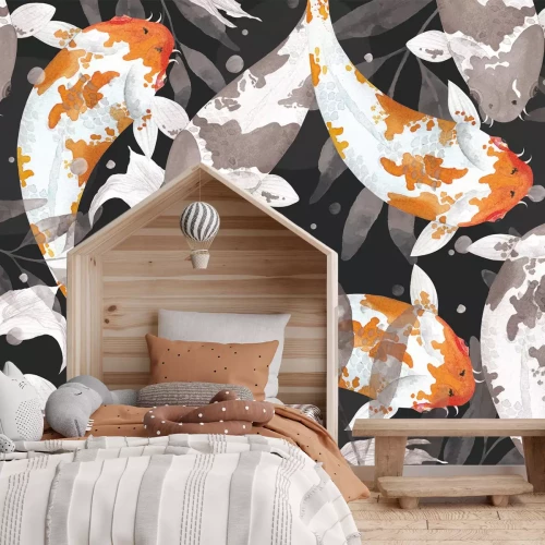 Papier peint  Poissons koi et feuilles sur fond sombre motif aquarelle