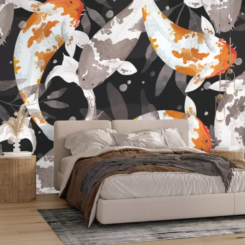 Papier peint  Poissons koi et feuilles sur fond sombre motif aquarelle