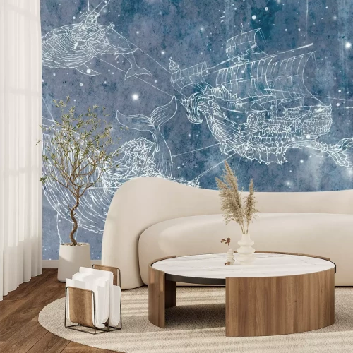 Papier peint  Navire avec des baleines sur ciel étoilé motif abstrait pour enfants