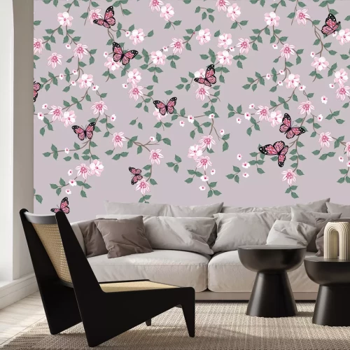 Papier peint  Motif botanique avec papillons roses et fleurs avec des feuilles dans des tons de vert