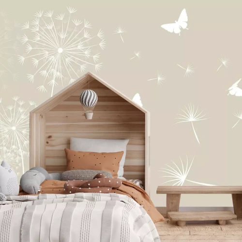 Papier peint  Papillons blancs et pissenlits avec graines dans le vent, motif minimaliste