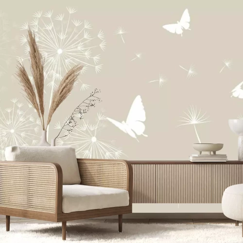Papier peint  Papillons blancs et pissenlits avec graines dans le vent, motif minimaliste