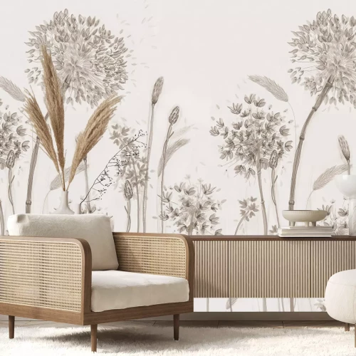 Papier peint  Pissenlits et plantes sauvages délicates, graphisme beige de style minimaliste