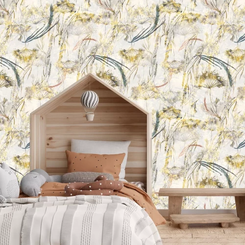 Papier peint  Fleurs sauvages et pissenlits en aquarelle dans un motif botanique naturel