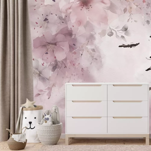 Papier peint  Portrait romantique d'une femme entourée de fleurs en aquarelle dans un rose doux