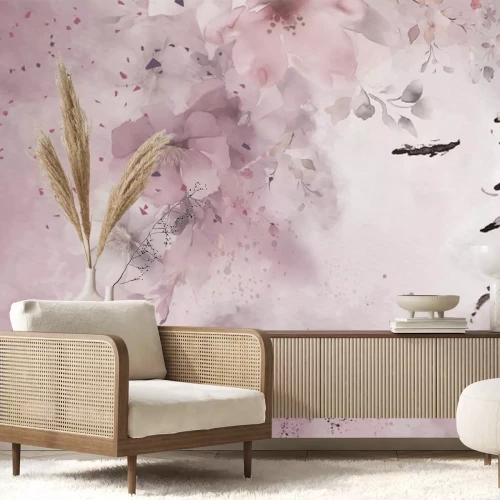 Papier peint  Portrait romantique d'une femme entourée de fleurs en aquarelle dans un rose doux