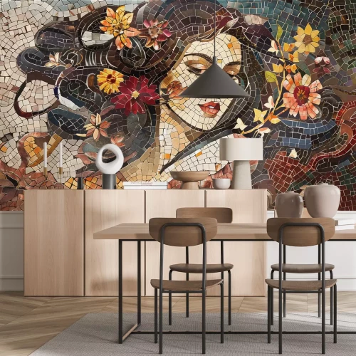 Papier peint  Mosaïque abstraite moderne d’un portrait féminin avec des fleurs