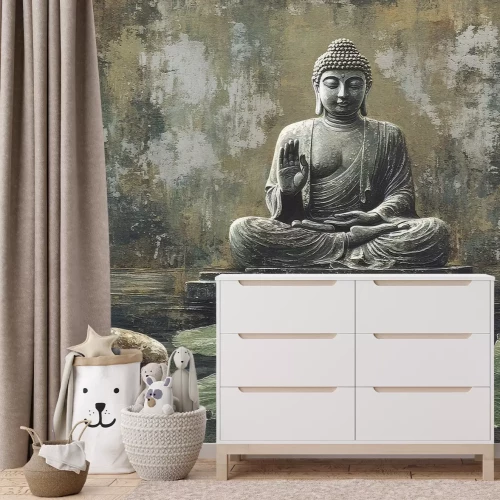 Papier peint  Bouddha et lotus blanc sur fond de béton texturé