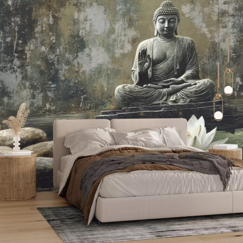 Papier peint  Bouddha et lotus blanc sur fond de béton texturé