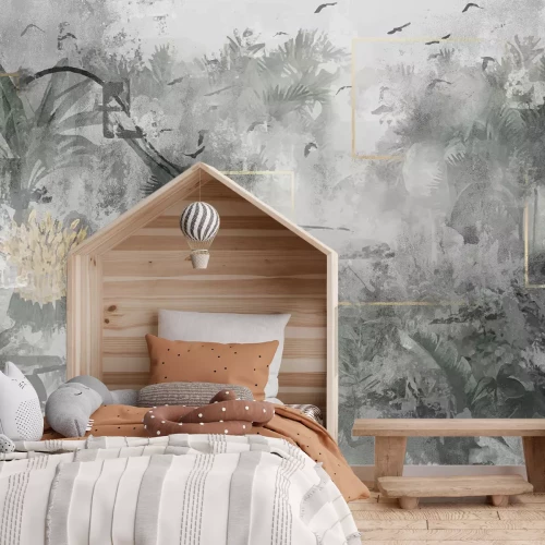 Papier peint  Portrait abstrait d'une femme avec des plantes tropicales sur fond de béton