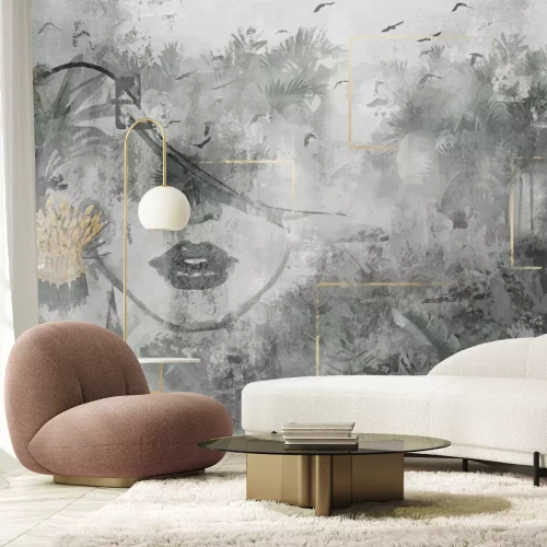 Papier peint  Portrait abstrait d'une femme avec des plantes tropicales sur fond de béton