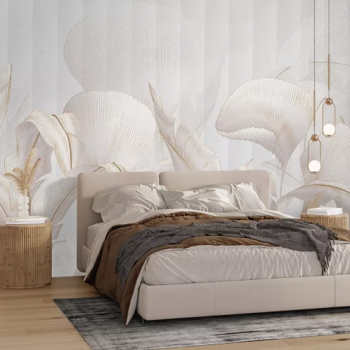 Papier peint  Feuilles tropicales sur fond à rayures claires avec texture dans un style élégant