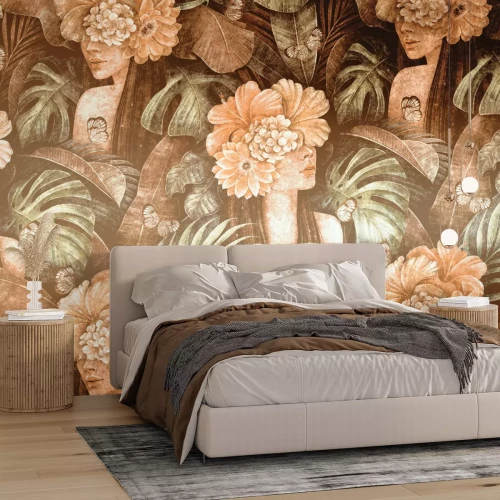 Papier peint  Portrait de femme avec des fleurs sur la tête motif vintage tropical