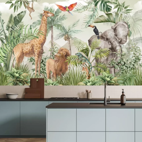 Papier peint  Animaux de safari et oiseaux exotiques dans la jungle tropicale aquarelle