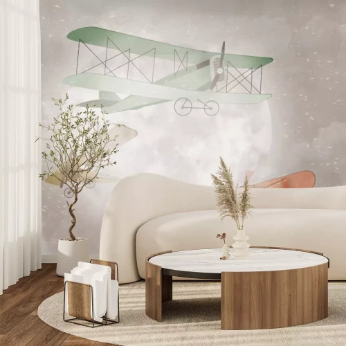 Papier peint  Avion dans un ciel aquarelle avec une pleine lune