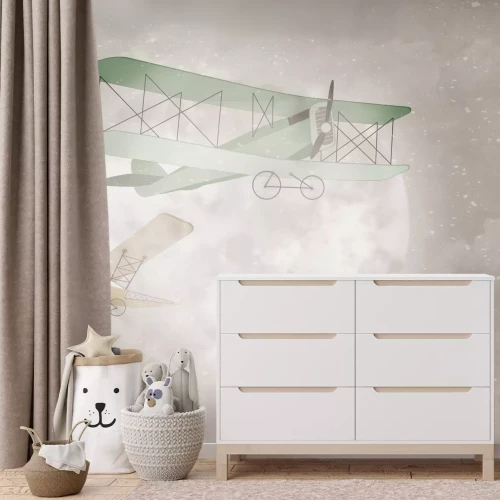 Papier peint  Avion dans un ciel aquarelle avec une pleine lune