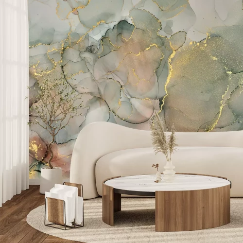 Papier peint  Fond marbré en style aquarelle avec ornements dorés