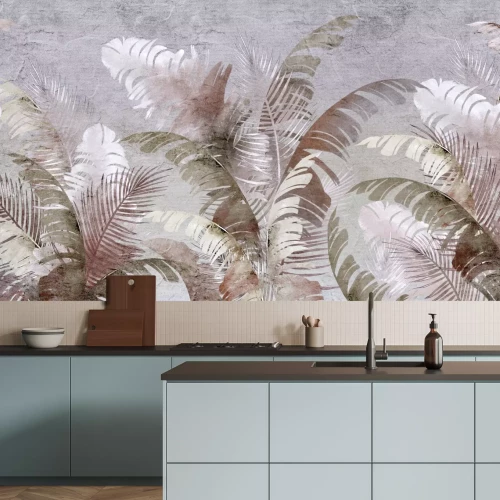 Papier peint  Feuilles exotiques palmier et bananier sur fond gris texturé