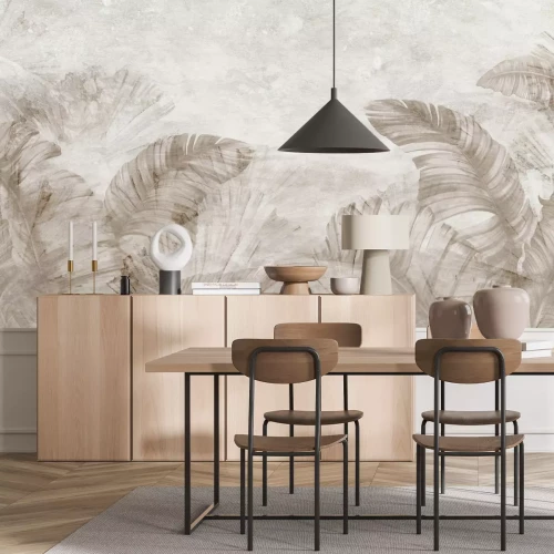 Papier peint  Feuilles de bananier tropicales en style aquarelle sur fond béton