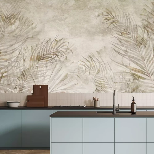 Papier peint  Feuilles de palmier tropicales sur fond béton beige style boho