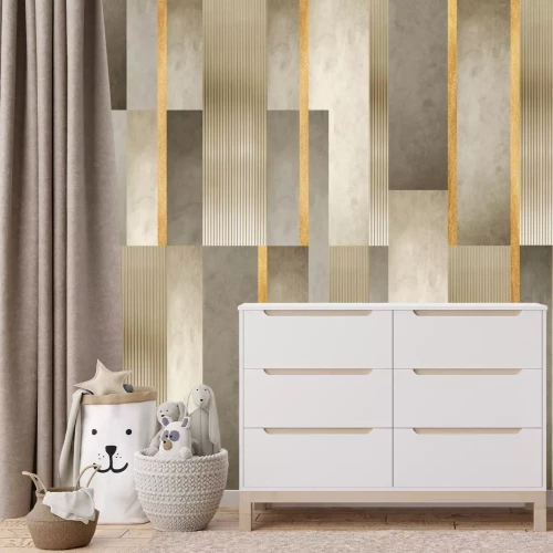Papier peint  Motif géométrique, rayures dorées et texture béton décoration moderne