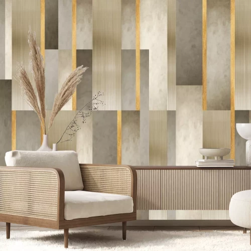 Papier peint  Motif géométrique, rayures dorées et texture béton décoration moderne