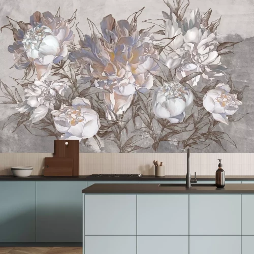 Papier peint  Pivoines peintes sur fond en béton