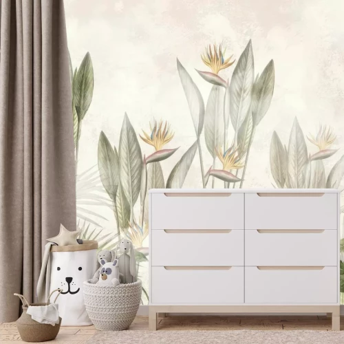 Papier peint  Fleurs et feuilles tropicales à l'aquarelle