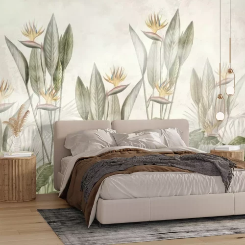 Papier peint  Fleurs et feuilles tropicales à l'aquarelle