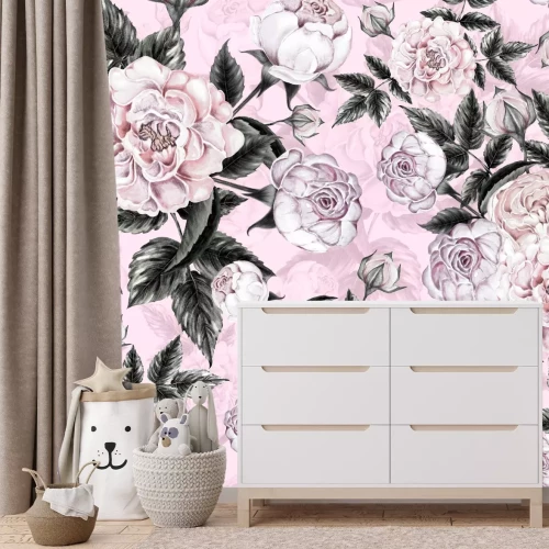 Papier peint  Fleurs de roses sur fond rose