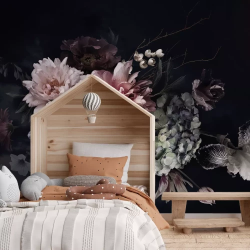 Papier peint  Fleurs de style baroque sur fond sombre